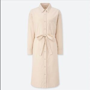 Uniqlo S Corduroy Long Sleeve Midi Shirt Dress. Ivory, Belted